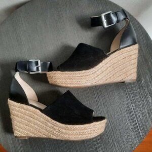 Marc Fisher Cala Wedge Black Suede Leather Platform Espadrille Sandal size 7.5M